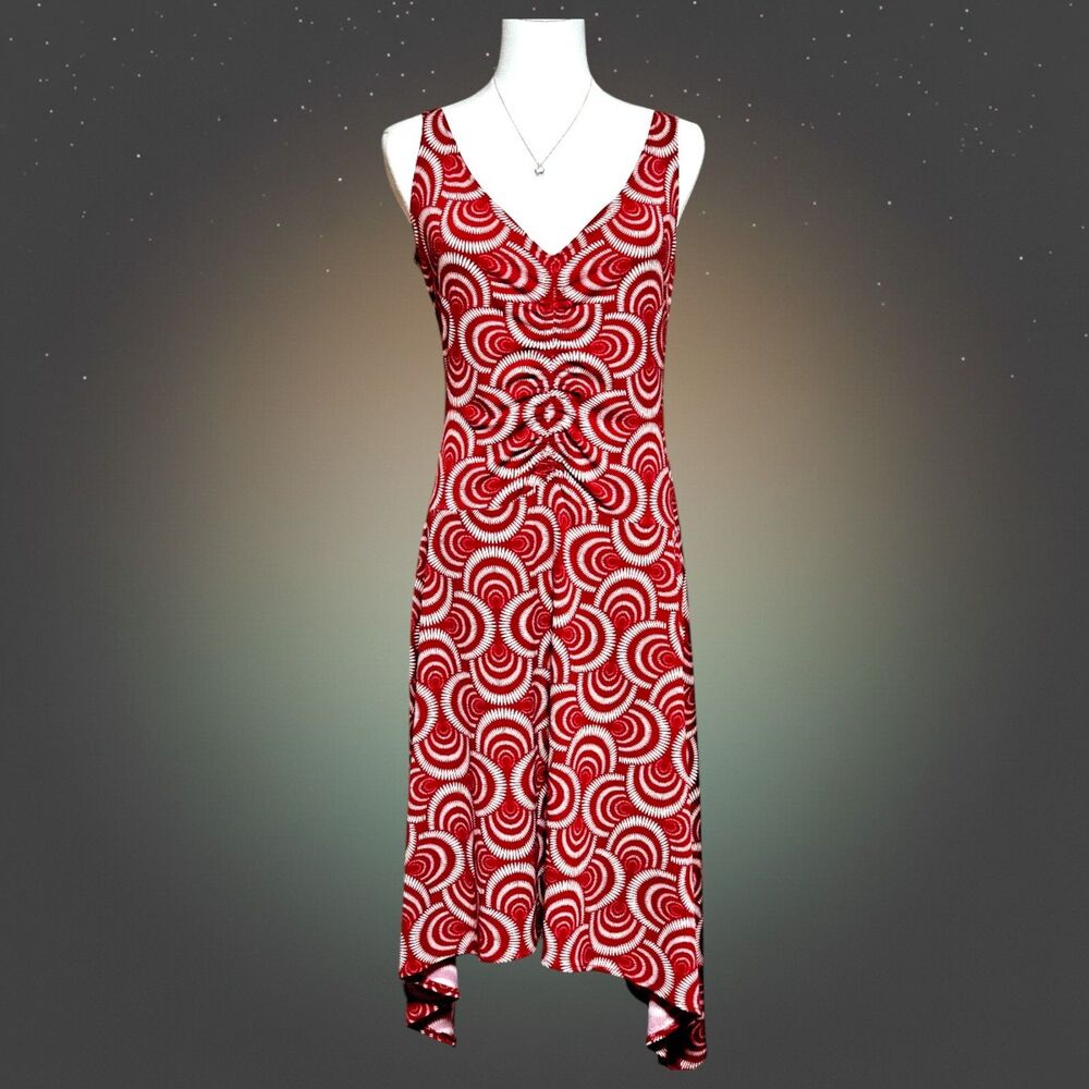 London Times Sz 6 Midi Dress Red White Retro Modern Handkerchief Hem Stretch